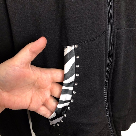 Belldini Rhinestone Zebra Print Zip UP Stretchy Hooded Jacket Black - Picture 6 of 9